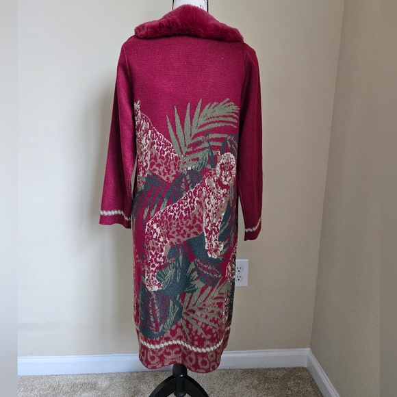 Badgley Mischka Wool Blend Duster Cardigan Womens M Leopard Print Faux Fur - Picture 5 of 11